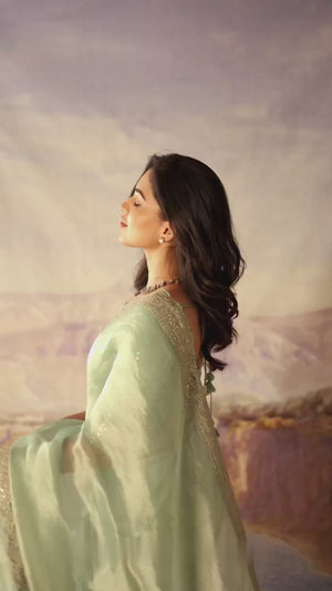 Designer Mint Green Tissue Saree with Sequins Embroidery on Border