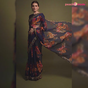Blue Floral Printed Georgette Saree With Embroidered Border