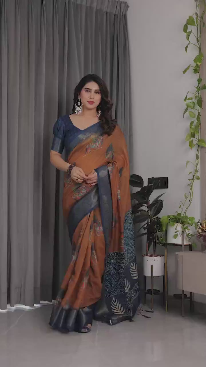 Peachmode Brown Handloom Linen Cotton Floral Print Saree - Video 4
