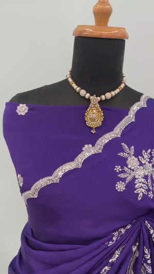 Royal Purple Chinon Saree Adorned With Zari Floral Embroidery & Gleaming Sequins Work