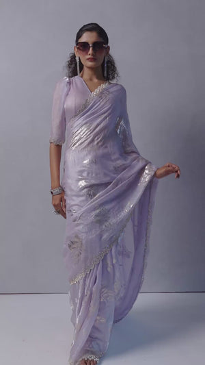 Designer Sky Blue Satin Silk Saree Adorned with Foil & Stone Embellishments