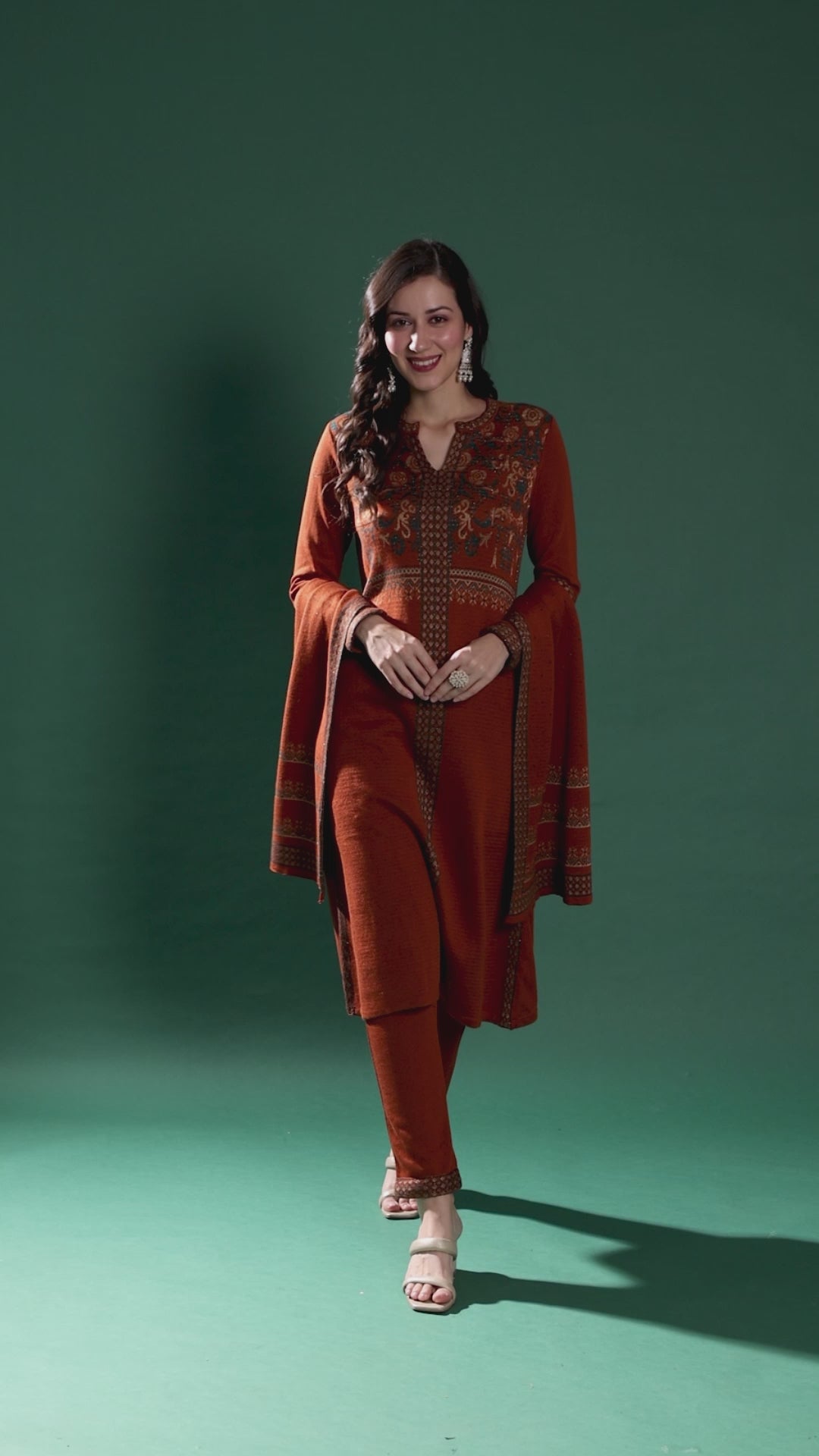 Dark Rust Floral Woolen Salwar Suit