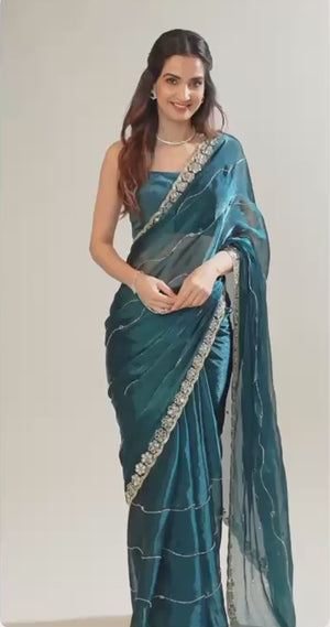 Teal Art Silk Saree Highlighted with Embroidery & Mirror Detailing