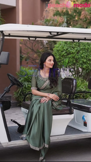 Green Solid Satin Chiffon Saree With Cutdana & Zarkan Handwork