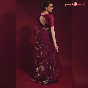 Wine Floral Sequins Embroidered Georgette Saree