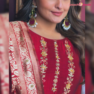 Red Floral Sequins Embroidered Cotton Silk Suit