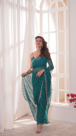 Teal Georgette Saree Featuring Contemporary Stripes With A Sparkling Diamond & Beads Work Border