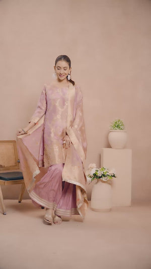 Mauve Floral Zari Woven Jacquard Sharara Suit With Exquisite Handwork