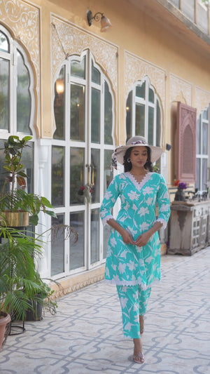 Sky Blue Floral Printed Pure Cotton A-Line Top Bottom Set