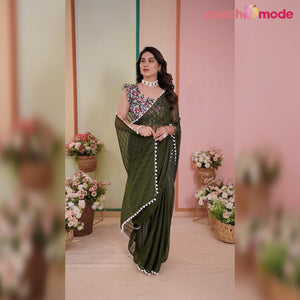 Mehandi Green Woven Striped Pattern Georgette Saree
