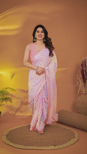13Pink Zig Zag Printed Satin Saree