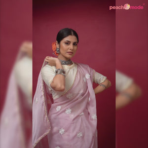 Pink Floral Embroidered Chiffon Saree