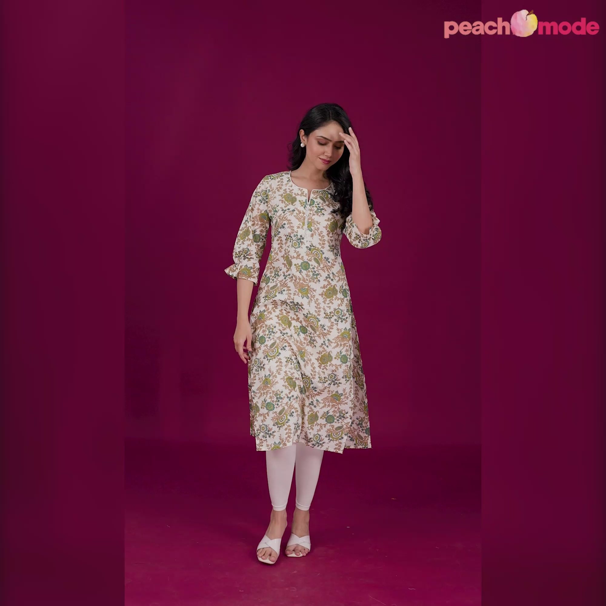 Off White Floral Printed Pure Cotton Straight Kurti