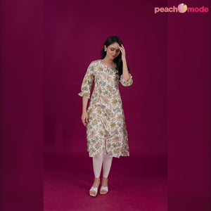 Off White Floral Printed Pure Cotton Straight Kurti