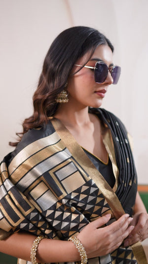 Classic Black Tussar Silk Saree Showcasing Rich Geometric Weaving & Trendy Tassel Pallu