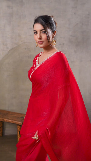 Red Solid Chiffon Saree With Sparkling Zarkan Border & Latkan Pallu