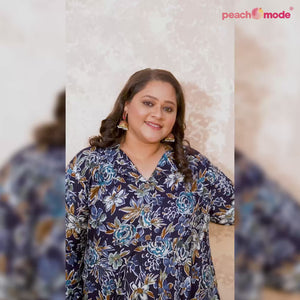 Blue Floral Printed Rayon Long Kurti