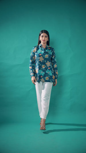 Morpich Blue Floral Printed Muslin Straight Top