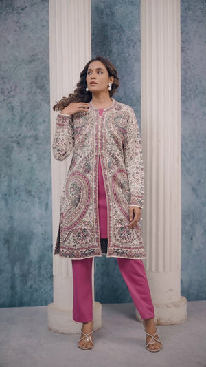 Cream Paisley Weaving Woolen Front Slit Top Bottom Set with Jacket