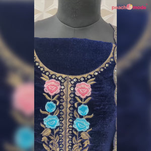 Blue Floral Embroidered Velvet Semi Stitched Suit