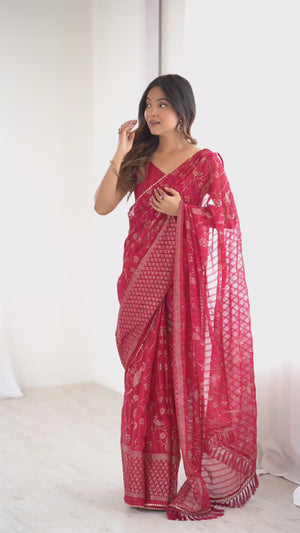 Pink Georgette Saree with Shimmering Foil Print & Gota Patti Border