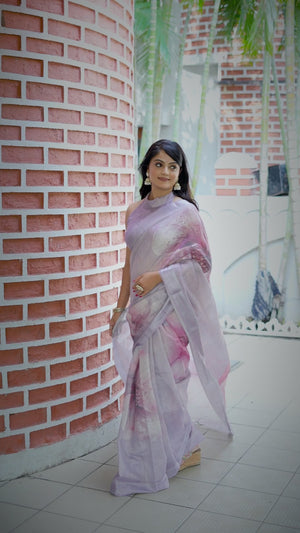 Beautiful Mauve Tissue Handloom Saree with Detailed Digital Floral Embellishments