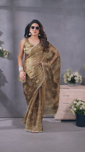 Golden Brown Jimmy Choo Chiffon Saree Adorned with Delicate Floral Sequins Embroidery