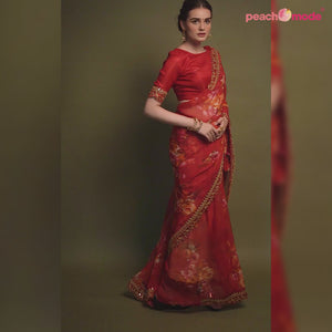 Red Floral Printed Georgette Saree With Embroidered Border