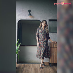 Black Paisley Printed Chanderi A-Line Dress