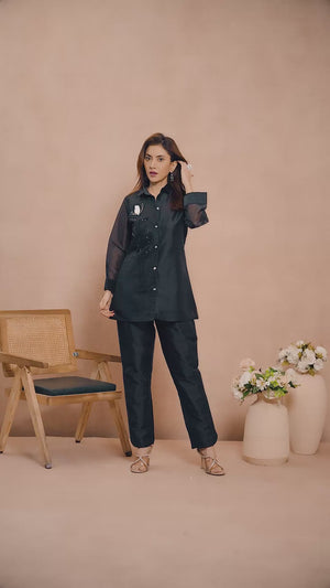 Black Stone Work Organza Straight Co-Ord Set