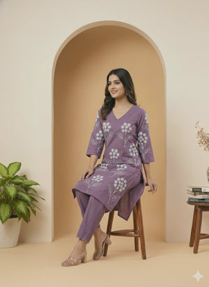 Lavender Floral Embroidered Pure Cotton A-Line Kurta and Bottom Set for Elegant Ethnic Wear