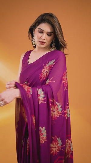 Dark Purple Printed Saree with Zari Woven Charm in Satin Fabric