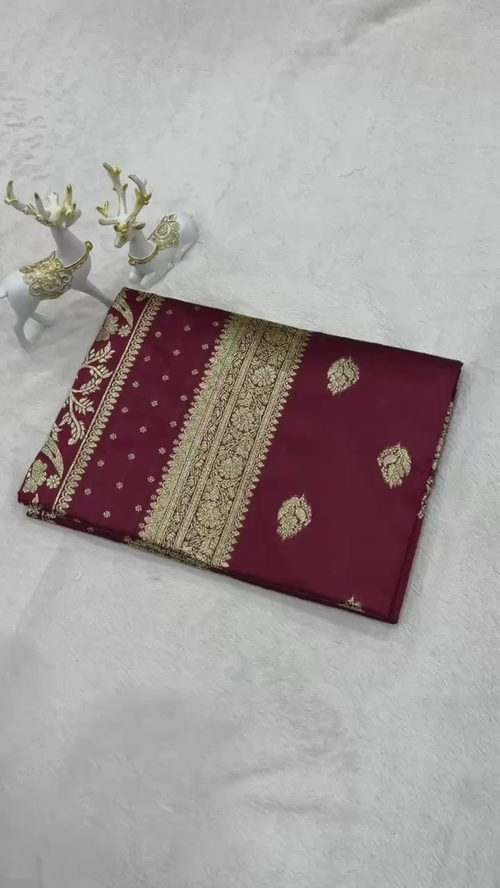Peachmode Wine Banarasi Silk Zari Saree - Video 2