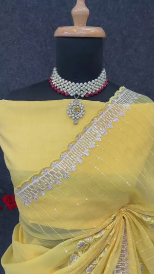 Yellow Shimmer Chiffon Saree with Floral Sequin Embroidery & Intricate Cutwork Border