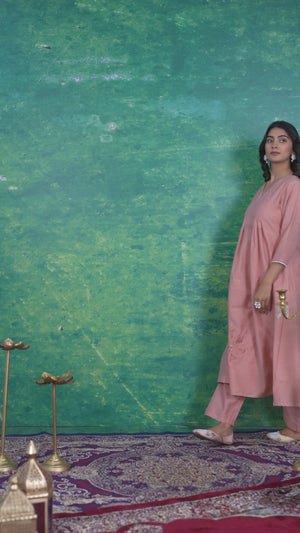 Peach Floral Embroidered Pure Cotton Top Bottom Set