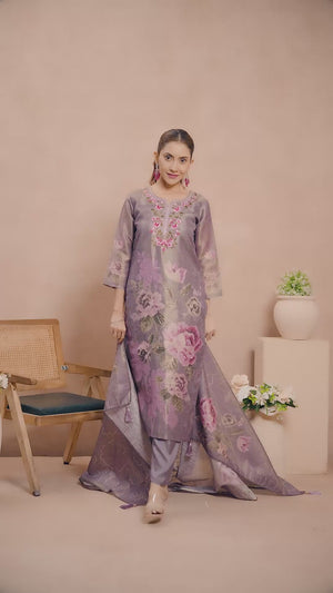 Mauve Floral Printed and Embroidered Straight Suit in Rich Textured Jacquard Fabric