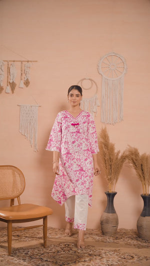 White & Pink Floral Printed Pure Cotton A-Line Top Bottom Set