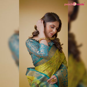 Lemon Green Printed With Woven Border Cotton Silk Saree