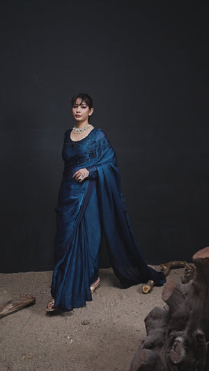 Opulent Morpich Blue Stone Work Satin Silk Saree With Hand Cut Dana & Sequin Applic Work