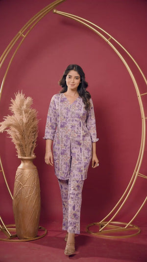 Plum Purple Floral Printed Pure Cotton Co-ord Set