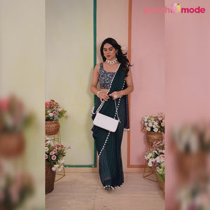 Teal Woven Striped Pattern Georgette Saree