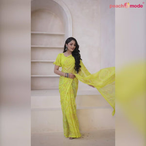 Lemon Yellow Bandhani Printed Chiffon Saree