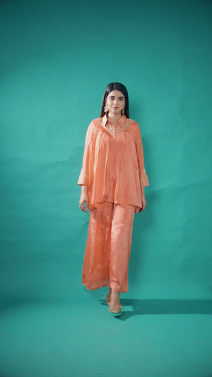 Peach Embroidered Chinon A-Line Co-Ord Set