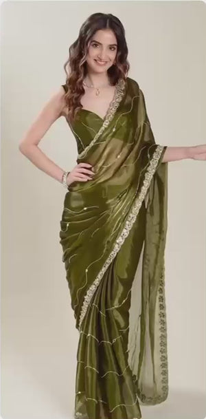 Olive Art Silk Saree Highlighted with Embroidery & Mirror Detailing