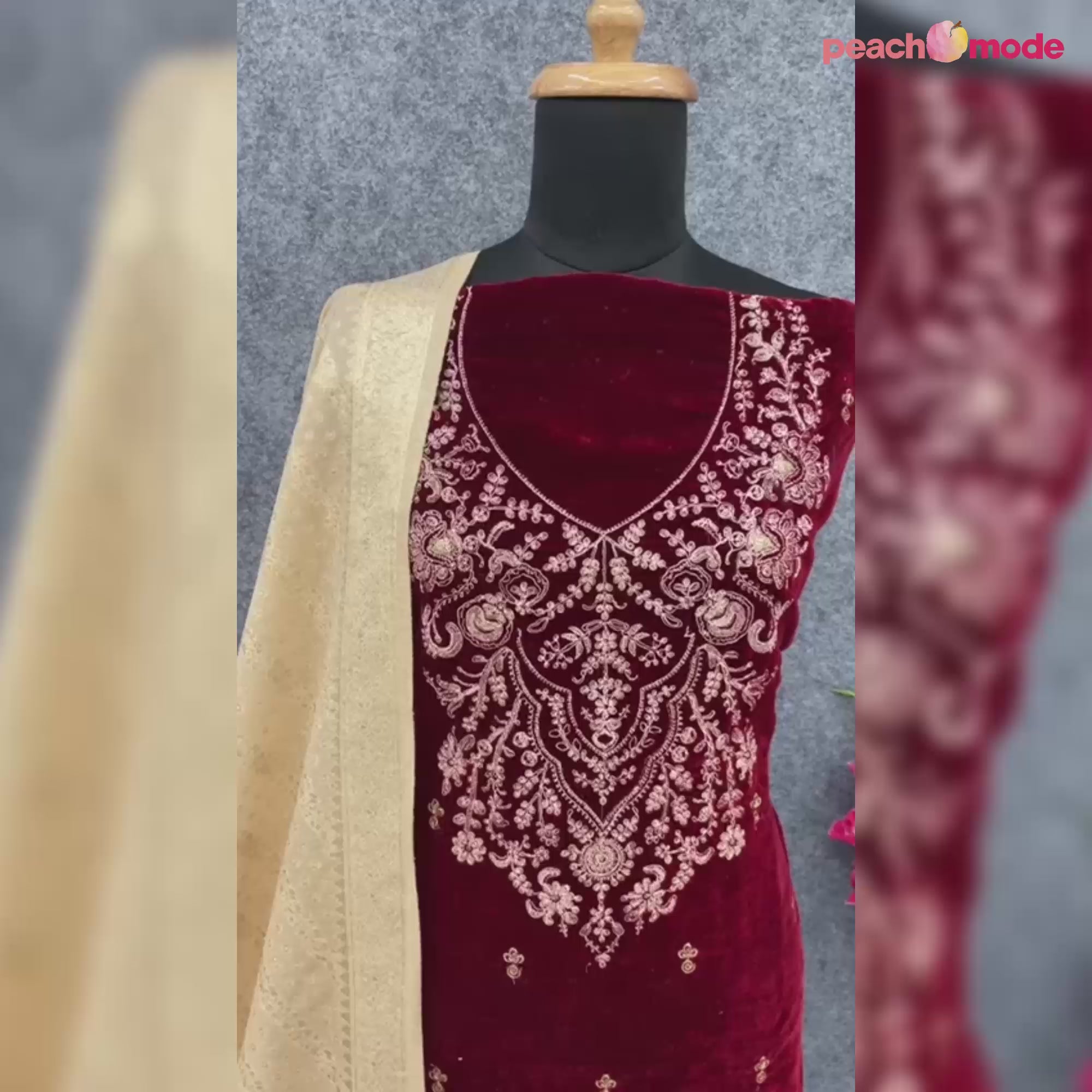 Maroon Floral Embroidered Velvet Semi Stitched Suit