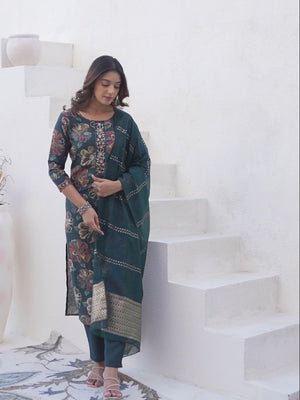 Stylish Bottle Green Viscose  Straight Salwar Suit with Floral Pattern