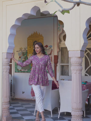 Purple Floral Printed Pure Cotton A-Line Top