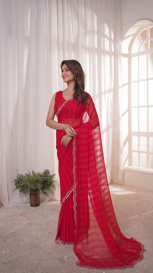 Red Georgette Saree Featuring Contemporary Stripes With A Sparkling Diamond & Beads Work Border