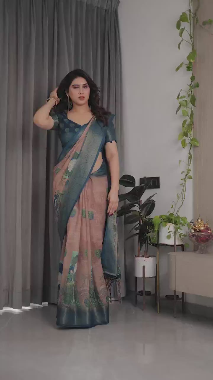 Peachmode Teal Handloom Linen Cotton Floral Print Saree - Video 4