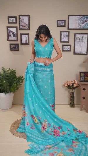 Blue Floral Digital Printed Kota Doria Ready To Wear Saree